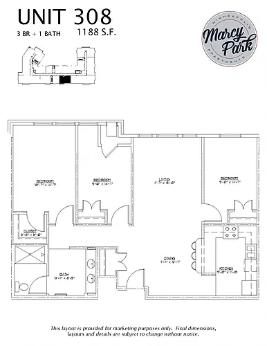 Floor plan 3 Bedroom 1 Bath (308)