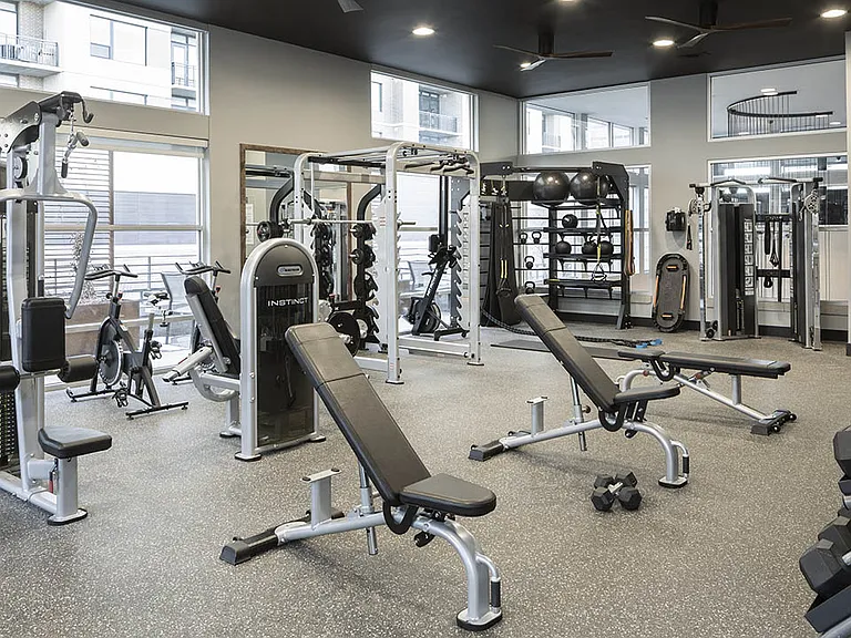 Apartment community 24-hour fitness center at Griffis Cherry Creek in Denver, CO.