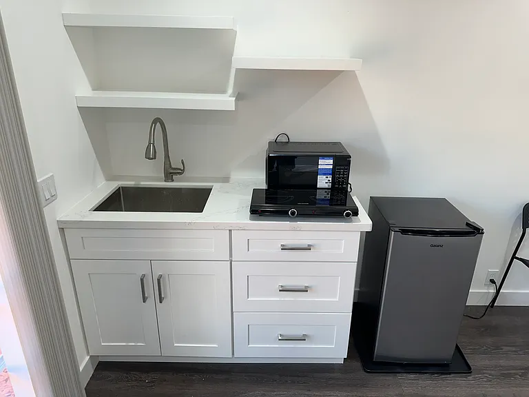 Kitchenette features a sink, microwave, cooktop, shelves and fridge.