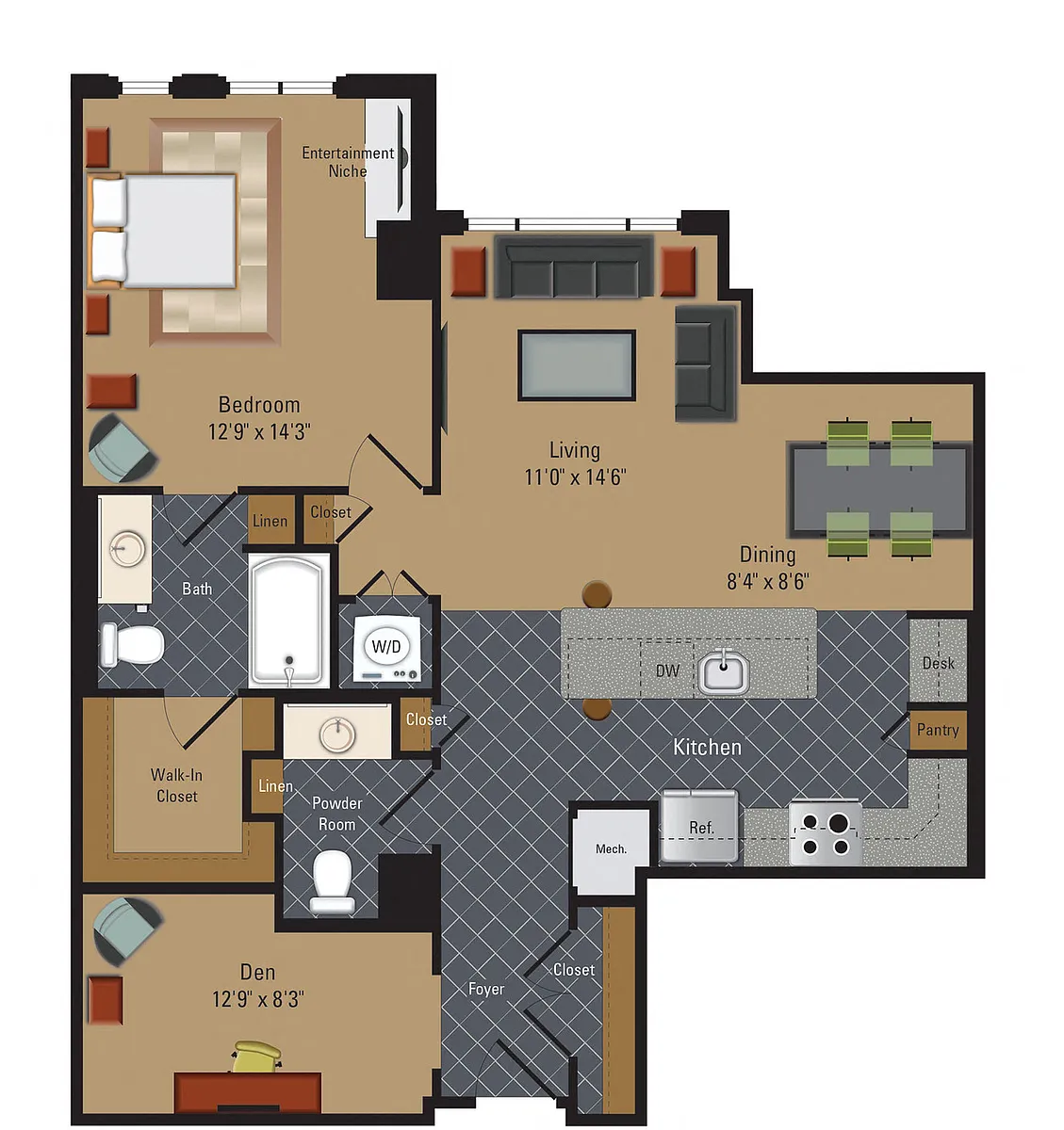 Floor plan 2 Bedroom / 2 Bathrooms / Den