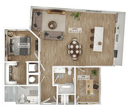 Floor plan 1 Bed/2 Bath Den-A2D