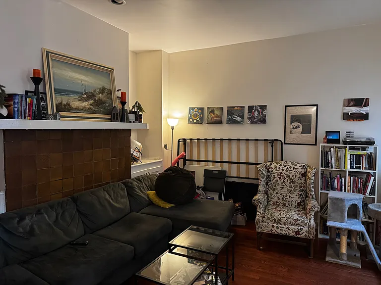 Fireplace and built-in book cases. Tenant is in midst of packing so couch is not in normal place.
