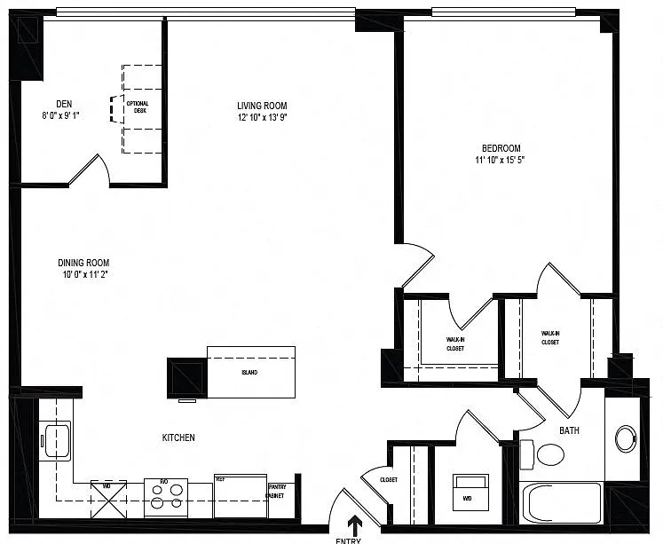 Floor plan 1 Bedroom Den 1 Bath 957 SF 1d1r
