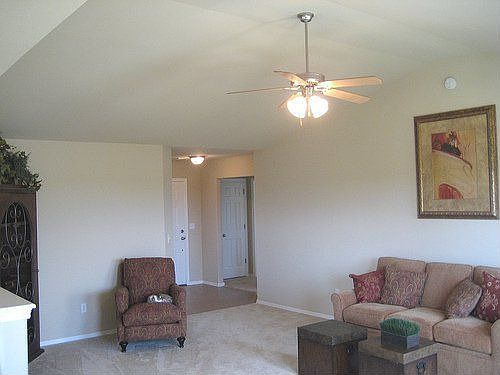 Vaulted ceilings, open floor plan, neutral colors, 2" blinds throughout