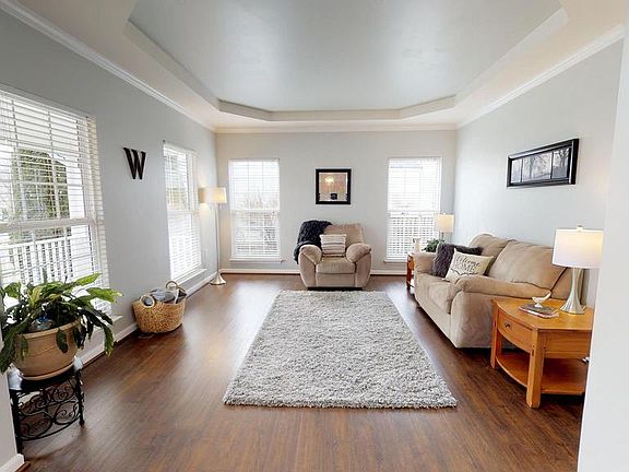 Inviting living room with eye-catching tray ceilin