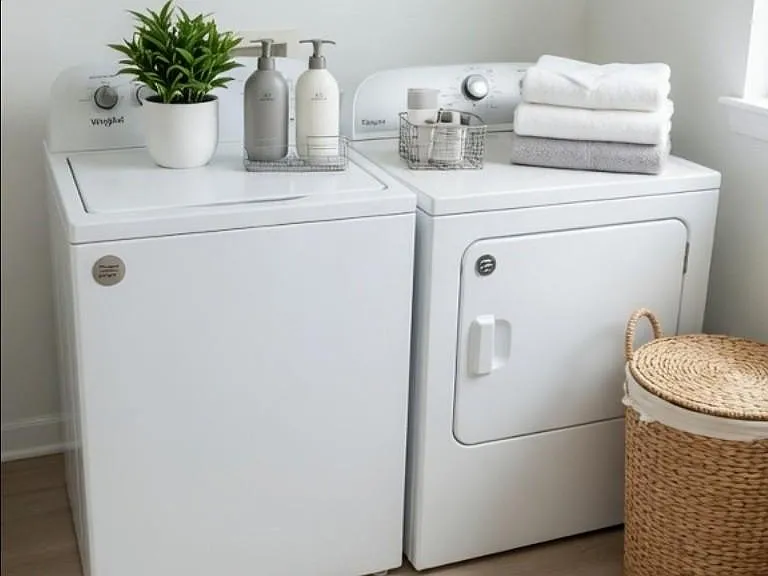 Dedicated laundry area with full-size washer and dryer, ample floor space, and convenient nearby natural light.