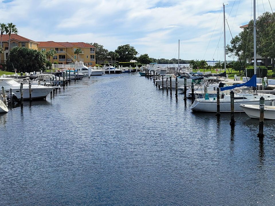 View from charming bridge spanning marina