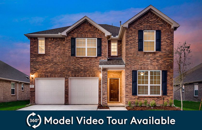 The San Marcos, a two-story home with shutters and 2-car garage, shown with Home Exterior A