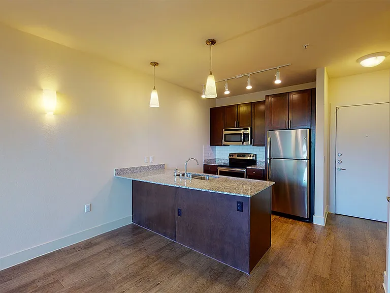 Apartment kitchen with stainless steel appliances, granite countertops and wood-style flooring in select homes.
