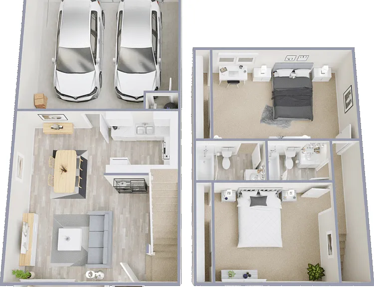 2 Bed 2 Bath - Townhouse Floorplan Diagram