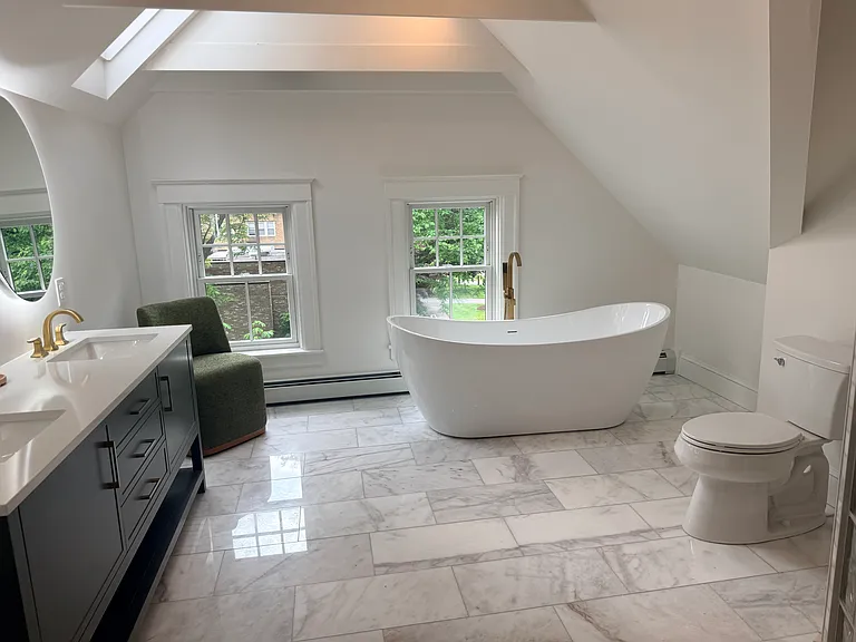 3rd floor primary spa bathroom with soaker tub and huge circular shower with double showerheads