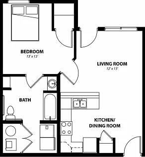 Urban-style one-bedroom layout with seamless flow from kitchen to living to private suite in the 626 SF, 1 bedroom, 1 bathroom A2 floor plan. Urban-style one-bedroom layout with seamless flow from kitchen to living to private suite in the 626 SF, 1 bedroo
