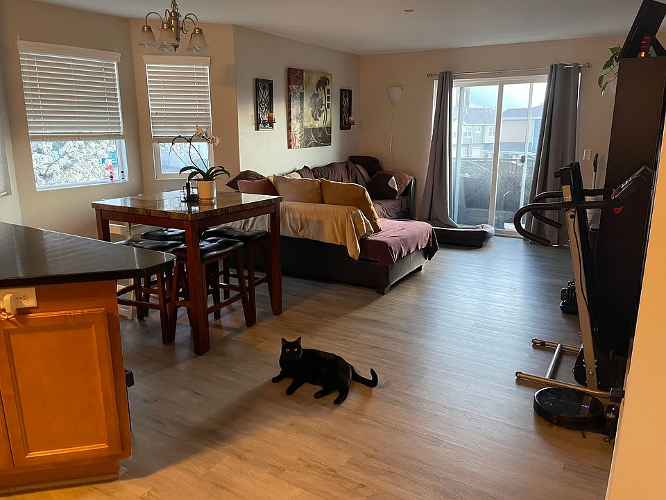 Dining and living area with new vinyl flooring, west facing balcony