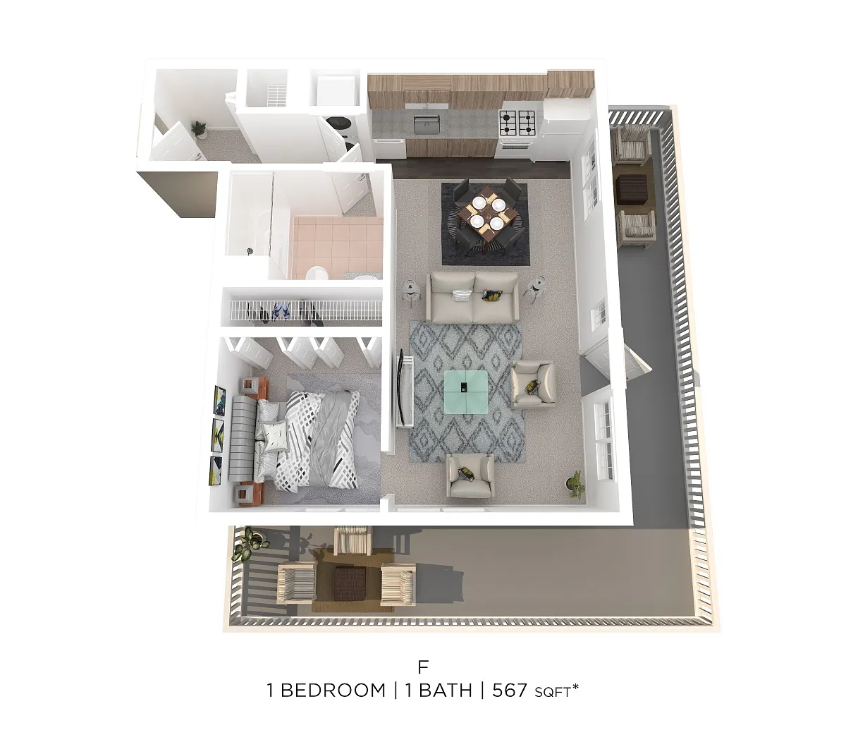 Floor plan One Bed One Bath F - 567sqft