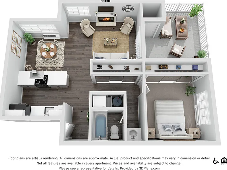 Elegant 3D floor plan showcasing a cozy 1-bedroom apartment with a spacious living area, modern kitchen, intimate dining space, and a private balcony. Elegant 3D floor plan showcasing a cozy 1-bedroom apartment with a spacious living area, modern kitchen,