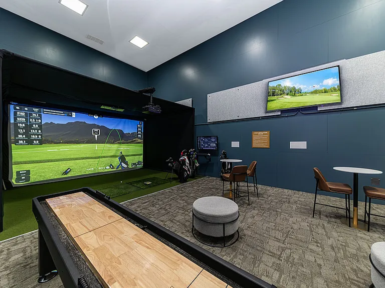 Game Center with Virtual Golf Simulator and Shuffleboard