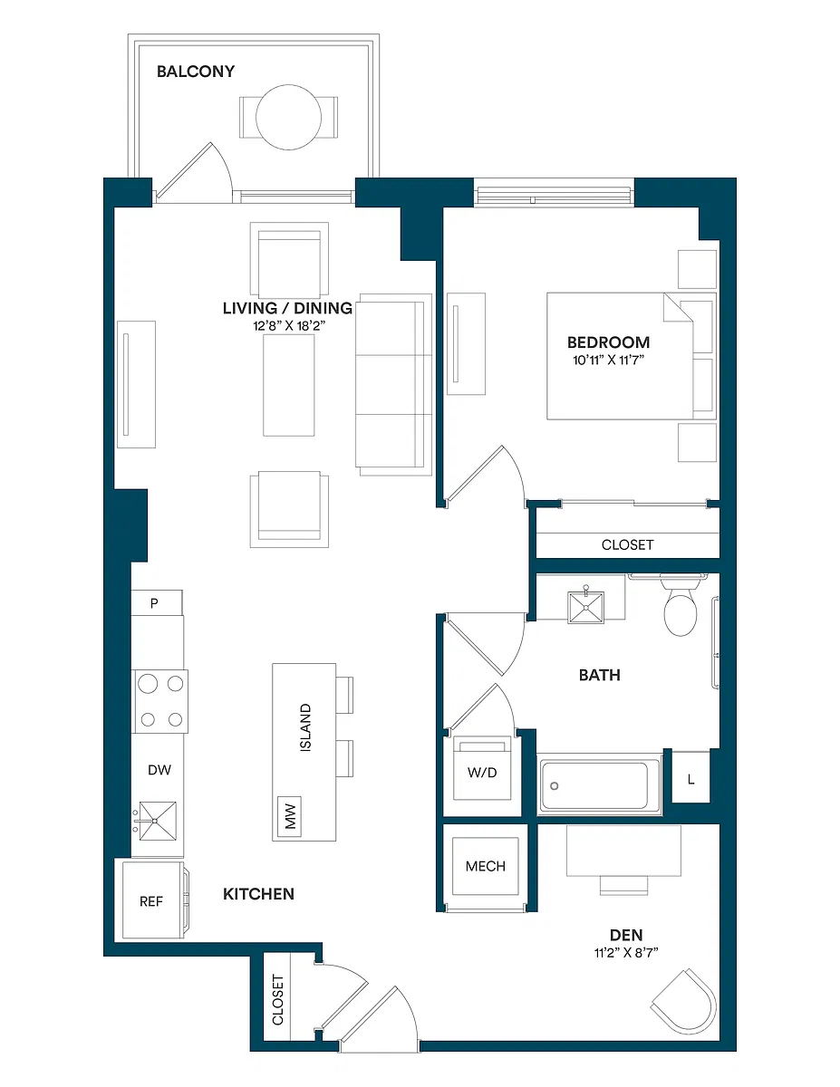 Floor plan 1 Bed/1 Bath Den-E2 TYP 08