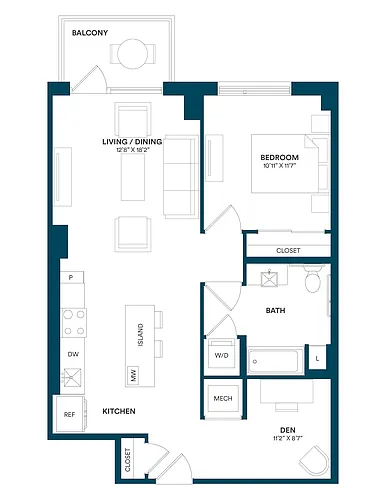 Floor plan 1 Bed/1 Bath Den-E2 TYP 08