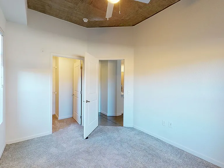 Spacious apartment bedroom with attached bathroom and plush carpet flooring.
