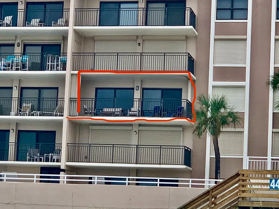 Third floor condo, 22' balacony, with oceanfront and pool view. Private stairs with gate and hose platform lead directly to white sugar sand beach.