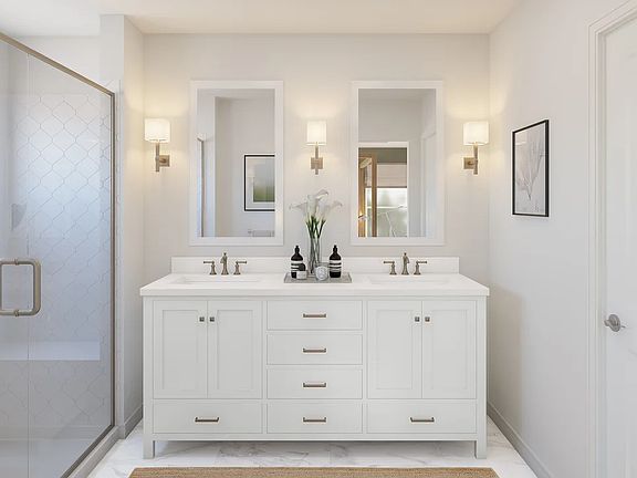 Primary bath with freestanding vanity
