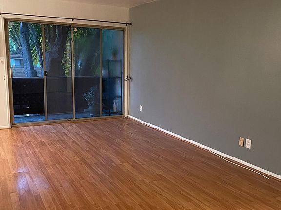 Spacious bright front facing living room with patio and tree