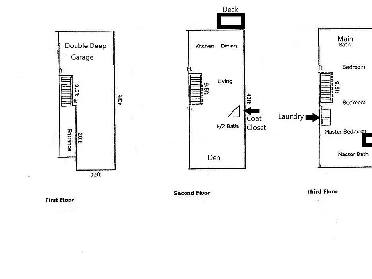 Garage on 1st level, main living on 2nd level and bedrooms and laundry on 3rd level.