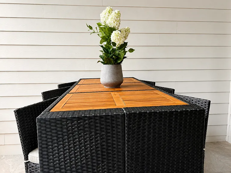 Blending indoor meals with outdoor dining, fresh air, and grilling. Your view from the dining room to your own private outdoor deck with alfresco dining and Blackstone grill.