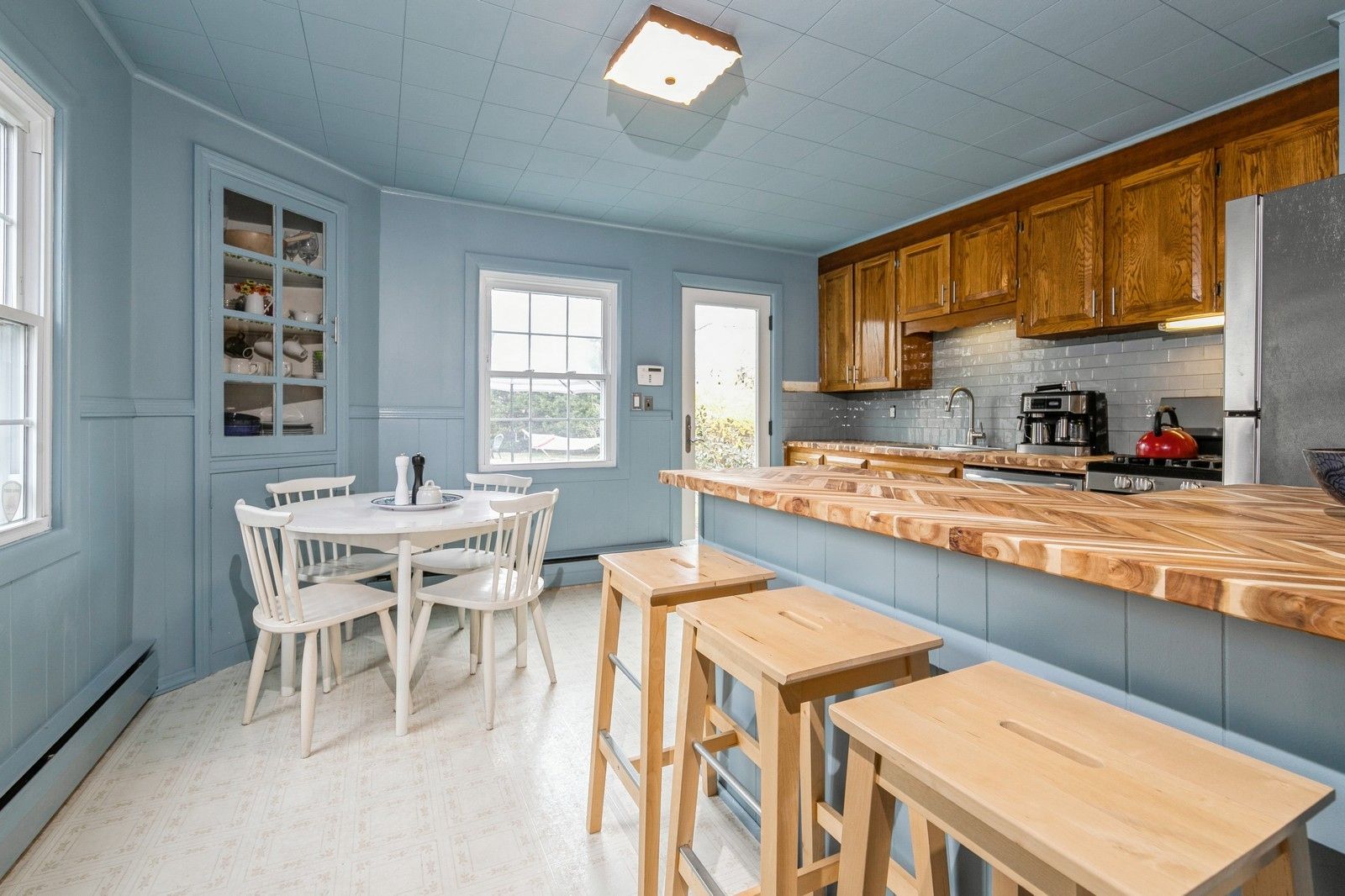  Updated kitchen with new butcher block counters  stainless appliances and gas stove.