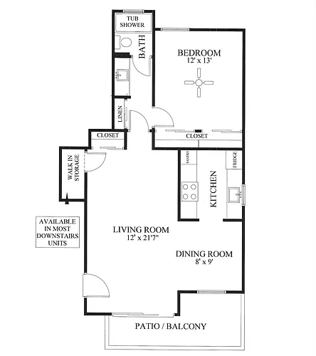 Floor plan 1 Bed 1 Bath Downstairs Live Oak Apt