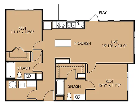 Floor plan 2x2 1064 sf Classic (B3x)