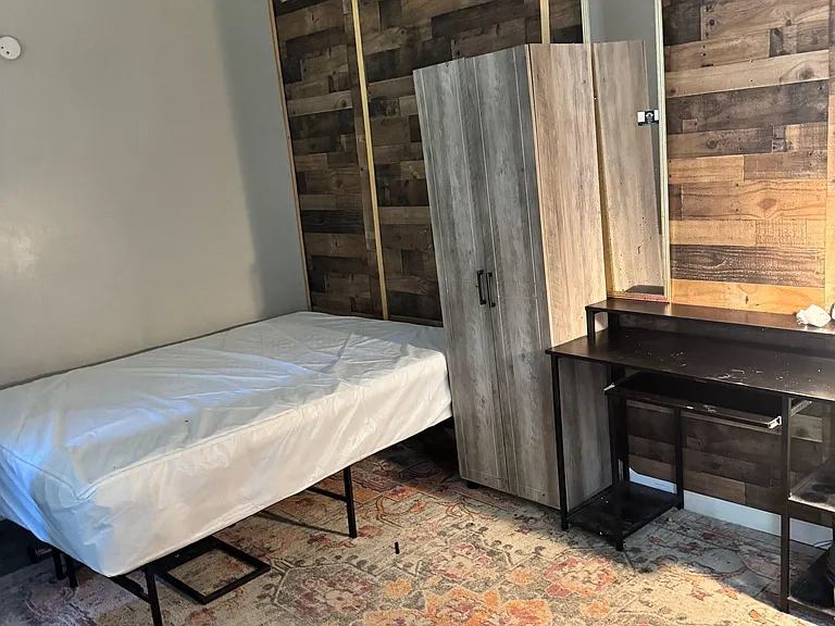 Furnished bedroom with bed, wardrobe storage, and a desk/vanity area, accented by a wood feature wall and area rug.