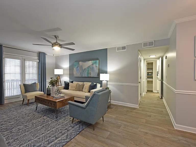 Spacious living room with hardwood-style flooring