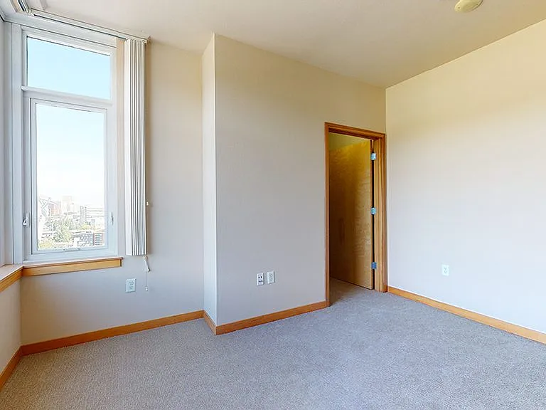 Spacious bedroom with large closet and plush carpet flooring.