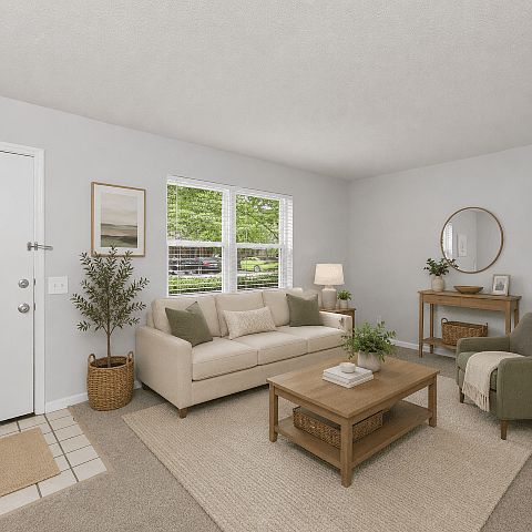 Large living area with flexible furniture placement and abundant natural light.