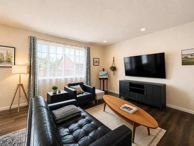 Furnished shared living room with comfortable seating, natural light, 70-inch TV and five-speaker surround sound. Digitally enhanced for presentation.
