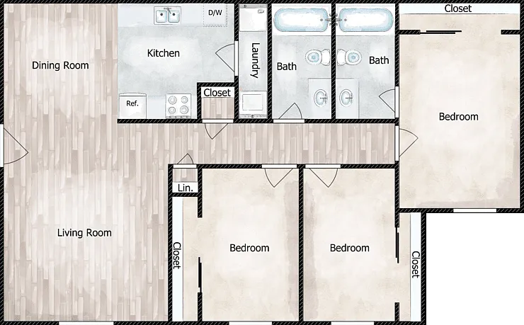 3 Bed 2 Bath Floorplan Diagram