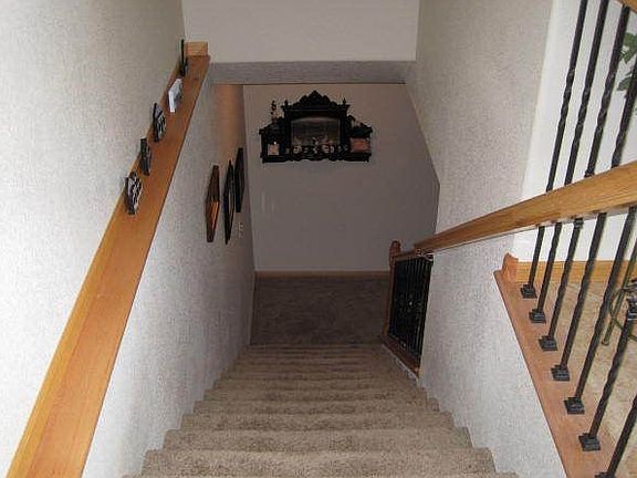 Carpeted steps to finished basement