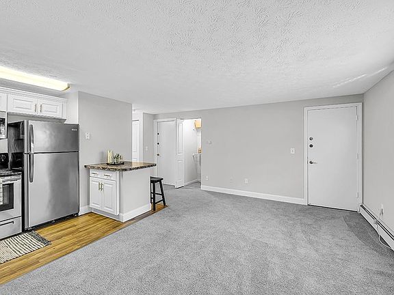 The kitchen layout in The Willow floor plan features wood-style flooring, stainless steel appliances, and a mini breakfast bar.