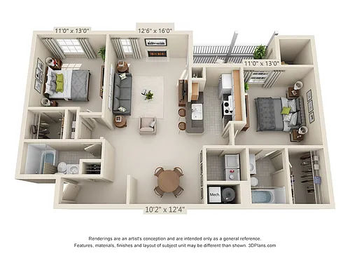 Floor plan 2-Bedroom 2-Bathroom | 1240 sqft