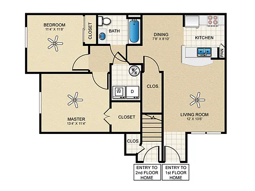 Floor plan 2 Bed, 1 Bath A