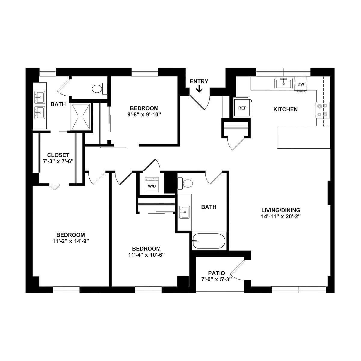 Floor plan 3 Bed/2 Bath-UnitK