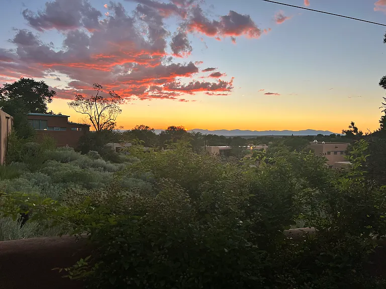 Western view from the terrace and garden of the Jemez Mountains and los Alamos