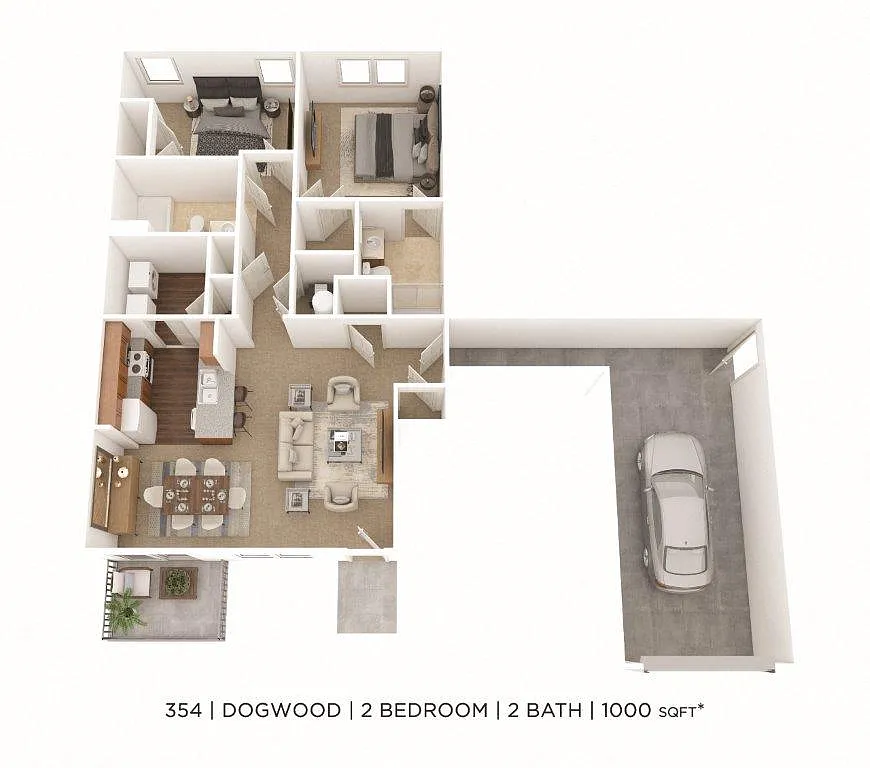 Floor plan Two Bedroom 2 Bath- 1,000 sqft