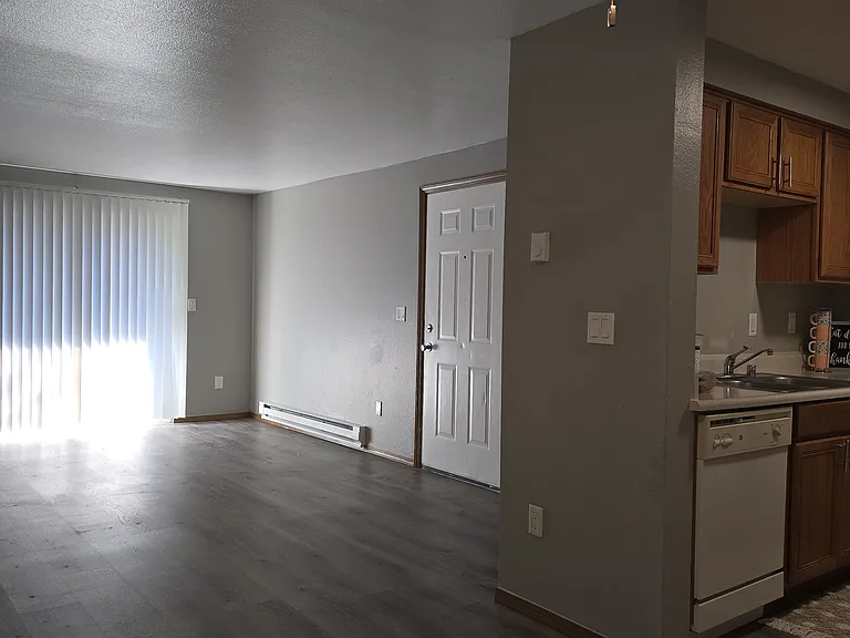 Open-concept living and kitchen area with wood-style flooring, neutral walls, and plenty of natural light from sliding glass doors. The kitchen features warm wood cabinetry, ample counter space, and a clean, functional layout.