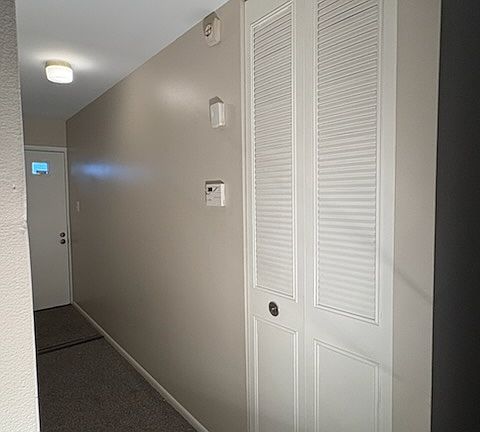 Large coat closet at the end of the hallway.