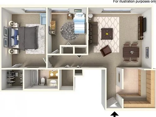 Floor plan 2 Bedroom 1 Bath (B)