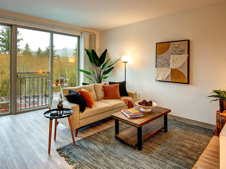 Living Room with Hard Surface Flooring and Expansive Windows