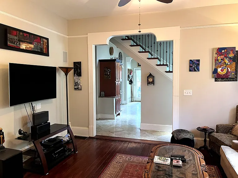 Living room. Inset speakers. Speaker hookups by TV
