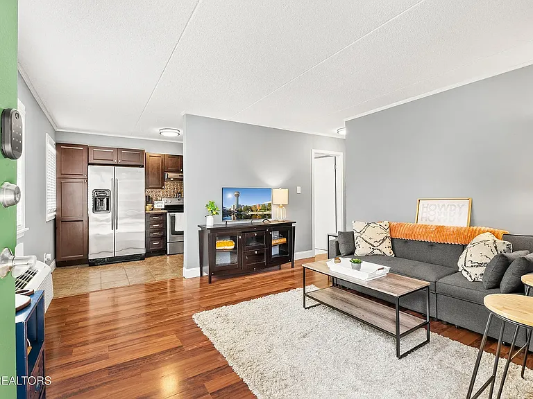 Living Room: Sleeper Couch, Floor Lamp, End Tables, Coffee Table, Smart TV, WIFI, Rug.